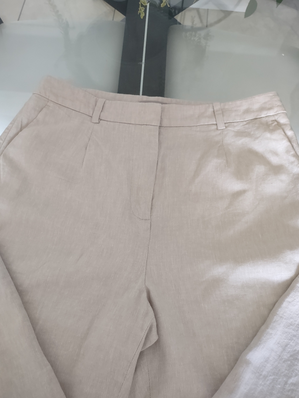 Light Beige Linen-Look High Waist Trousers